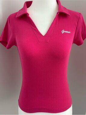 Guess Hot Pink Ribbed Polo V-Neck Short Sleeve Top